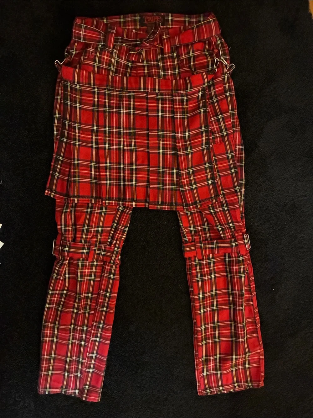Tripp NYC Mens Red Plaid Kilt Style Punk Bondage Pants Size 30 Kilt Removable